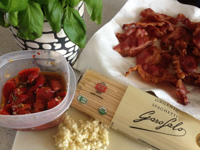Olas & Chanclas | Pasta with Marinated Roasted Peppers and Bacon